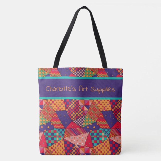Bold colourful pattern, personalised art supplies tote bag (Front)