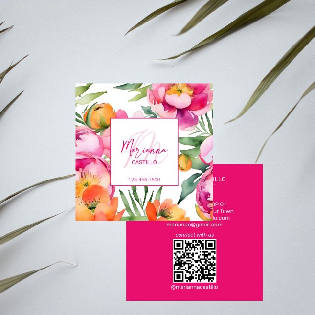 Bold colourful pink flowers chic modern template square business card (Bold colorful pink flowers chic modern template square business card fuchsia hot pink girly floral)