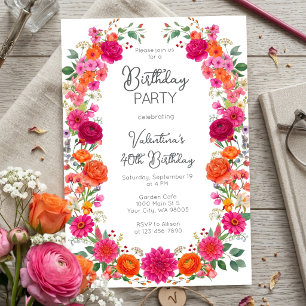 Bold Colourful Pink & Orange Floral Garden Birthda Invitation