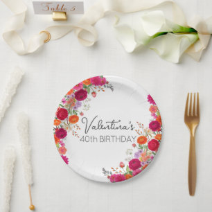 Bold Colourful Pink & Orange Floral Garden Birthda Paper Plate