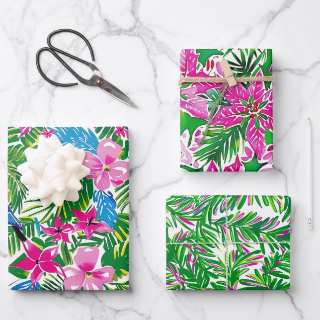 Bold Colourful Pink Tropical Foliage Summer  Wrapping Paper Sheet (Front)