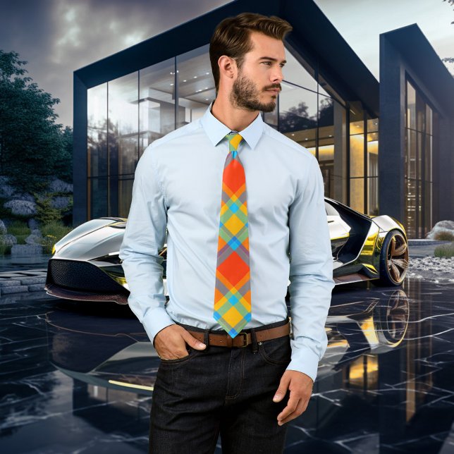 Bold Colourful Plaid Pattern Tie (Tie featuring a fantasy geometric plaid pattern in bold colors.)