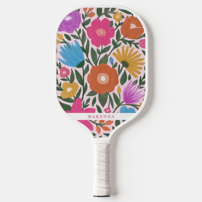 Bold Colourful Spring Florals Name Pickleball Paddle (Front)