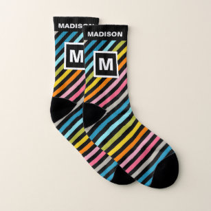 Bold Colourful Stripes Pattern Name and Monogram Socks
