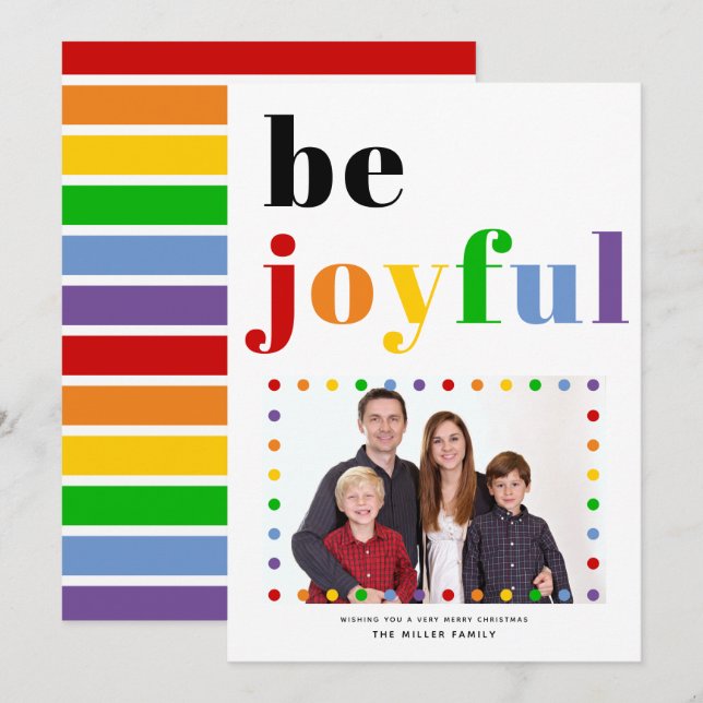 Bold colourful typography Be Joyful Christmas phot Holiday Card (Front/Back)