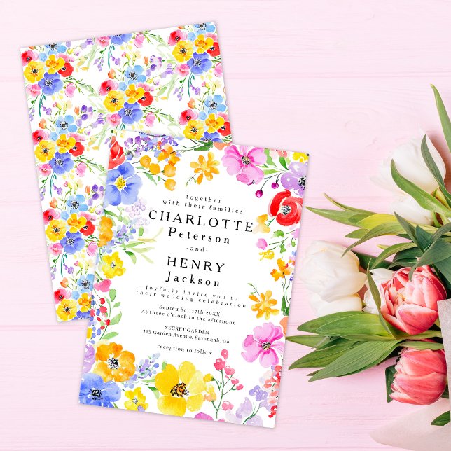 Bold Colourful Watercolor Floral Spring Wedding Invitation (Creator Uploaded)