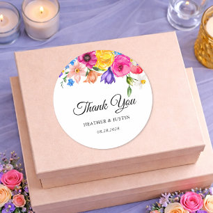 Bold Colourful Watercolor Floral wedding thank you Classic Round Sticker