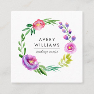 Bold Colourful Watercolor Floral Wreath White Square Business Card