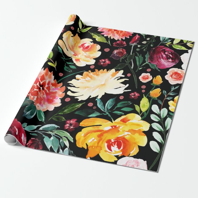 Bold colours flowers & foliage collage pattern wrapping paper (Unrolled)