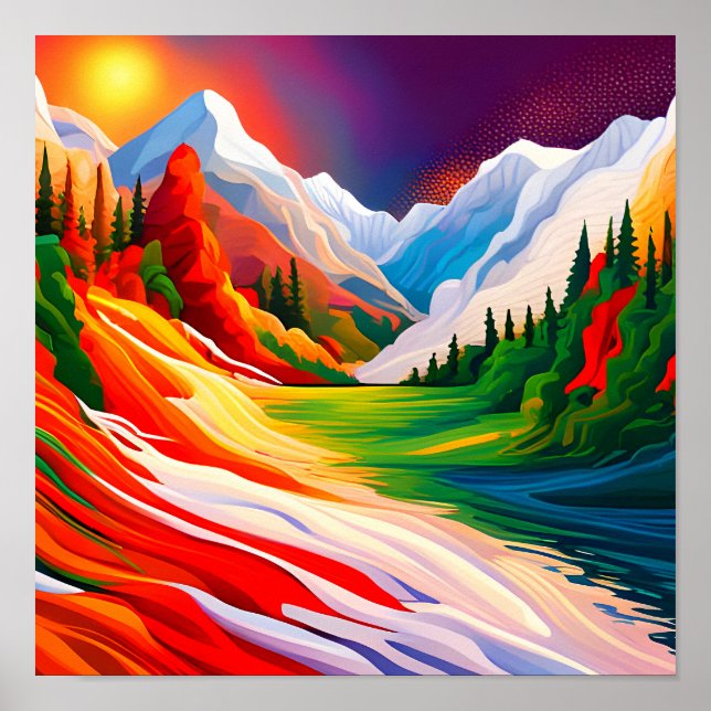 Bold Colours Mountain Forest River Landscape Poster (Front)