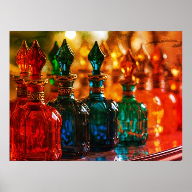 Bold Colours On Antique Perfume Bottles On a Wall Poster (Front)