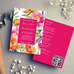 Bold colours pink orange peonies all in one weddin invitation