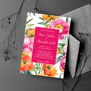 Bold colours pink orange peonies elegant wedding invitation