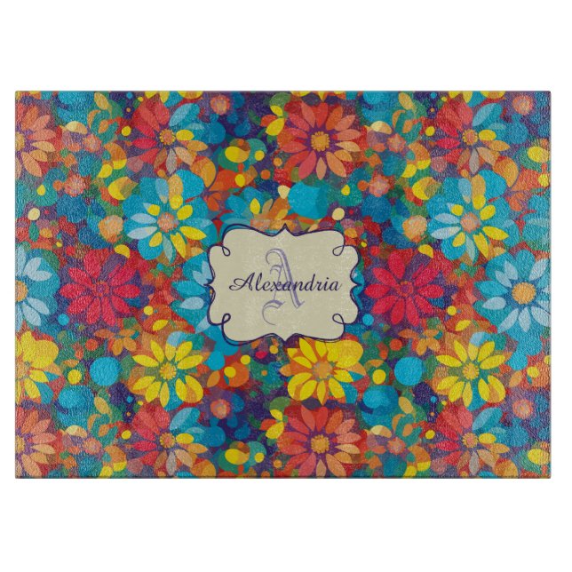 Bold Contemporary Floral Pattern Vibrant Daisies Cutting Board (Front)