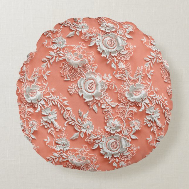 Bold Coral Floral Lace-Effect Round Pillow (Front)