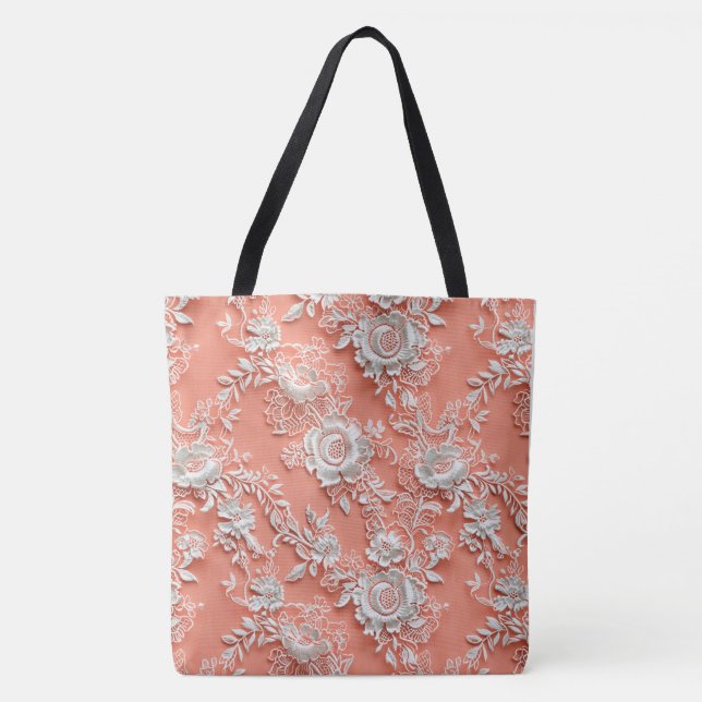 Bold Coral Floral Lace Large Shoulder Tote Bag (Front)