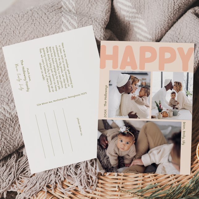 Bold Coral Year In Review Vertical 3 Photo Happy Holiday Postcard (Creator Uploaded)