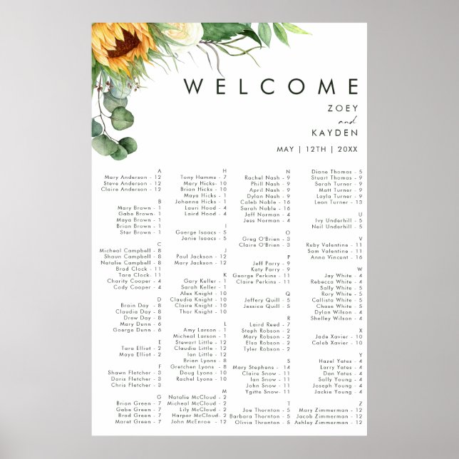 Bold Country Sunflower | Alphabetical Seating Poster (Front)