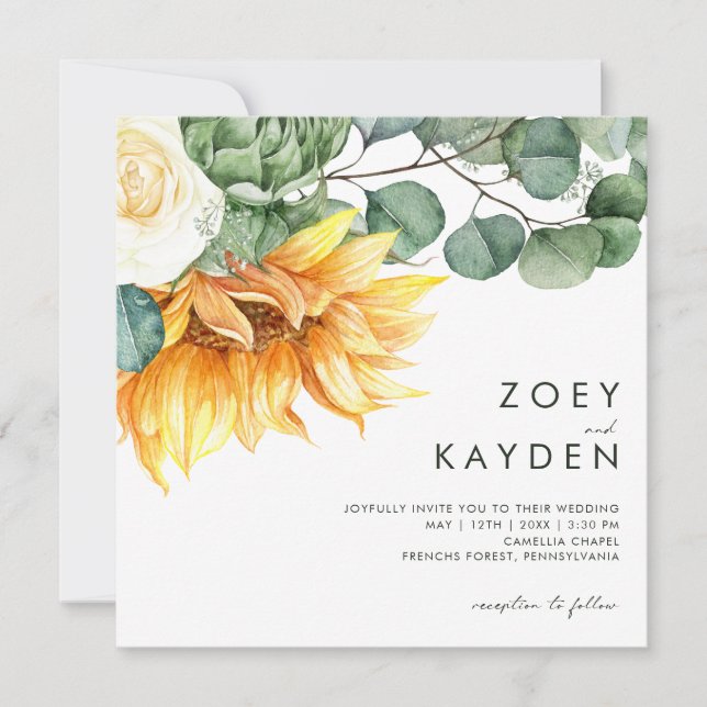 Bold Country Sunflower bouquet | Square Wedding Invitation (Front)