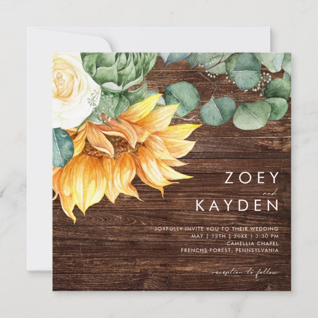 Bold Country Sunflower bouquet Wood Square Wedding Invitation (Front)