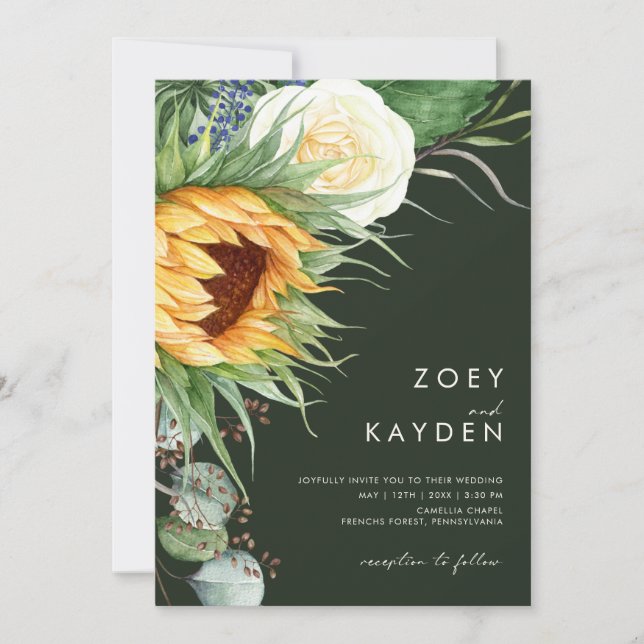 Bold Country Sunflower | Casual Dark Green Wedding Invitation (Front)