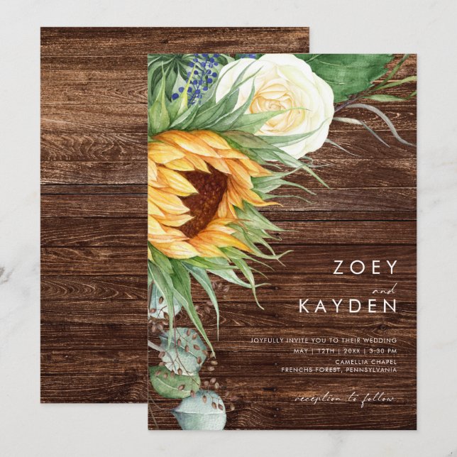 Bold Country Sunflower | Casual Wood Wedding Invitation (Front/Back)