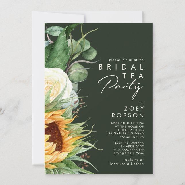 Bold Country Sunflower Dark Green Bridal Tea Party Invitation (Front)