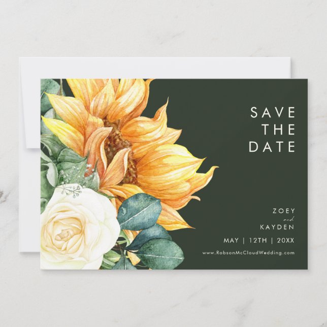 Bold Country Sunflower | Dark Green Horizontal Save The Date (Front)