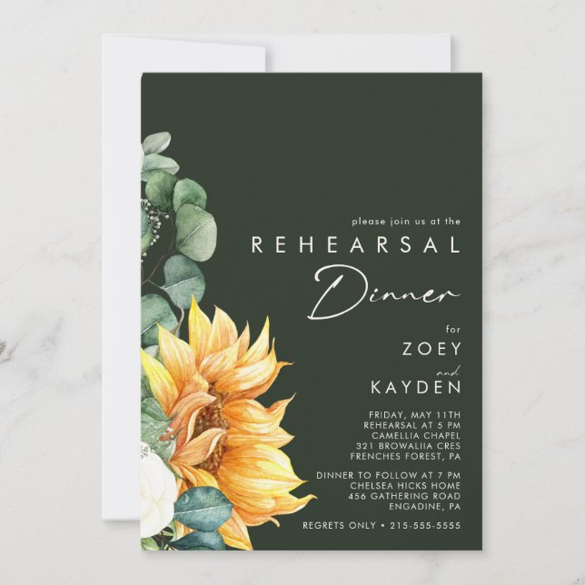Bold Country Sunflower Dark Green Rehearsal Dinner Invitation (Front)