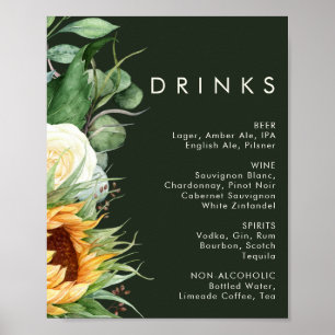 Bold Country Sunflower   Dark Green Wedding Drinks Poster