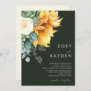 Bold Country Sunflower   Dark Green Wedding Invitation