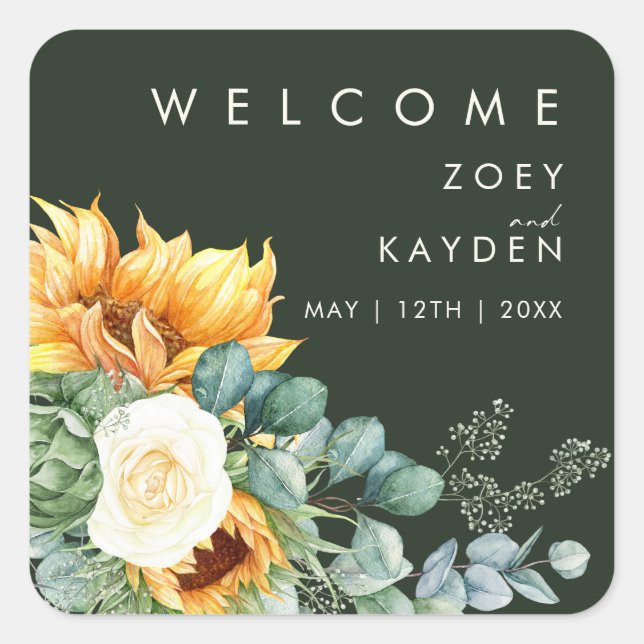 Bold Country Sunflower Dark Green Wedding Welcome Square Sticker (Front)