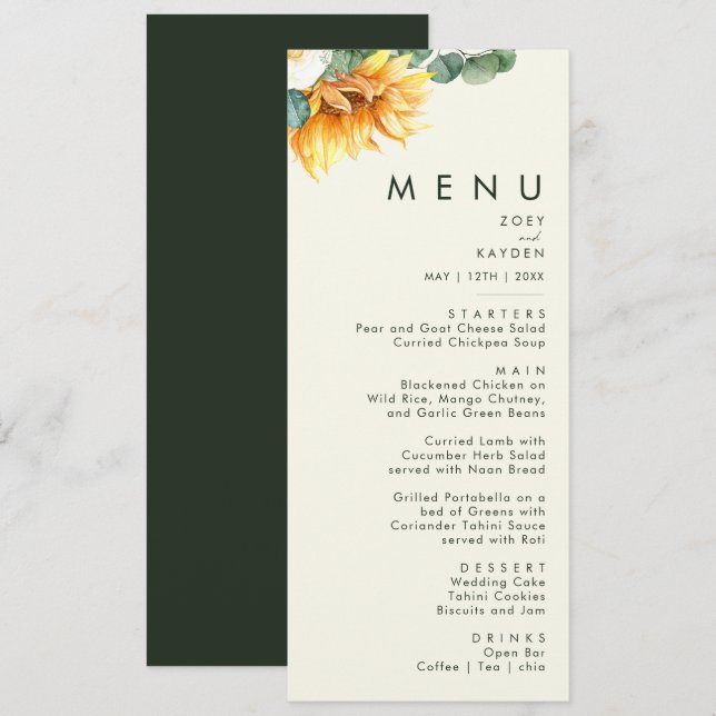 Bold Country Sunflower Light Yellow Wedding Dinner Menu (Front/Back)