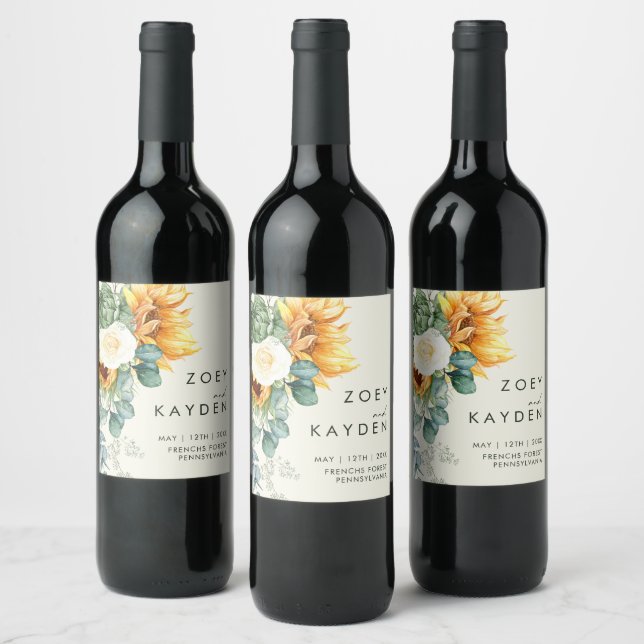 Bold Country Sunflower | Light Yellow Wedding Wine Label (Bottles)