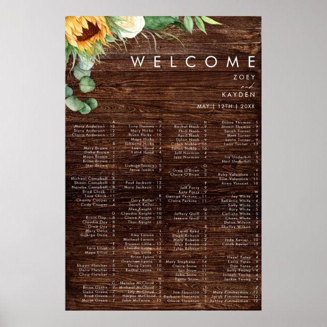 Bold Country Sunflower | Wood Alphabetical Seating Poster (Front)