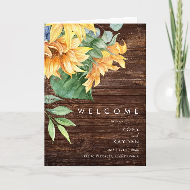 Bold Country Sunflower | Wood Folded Wedding Programme (Front)