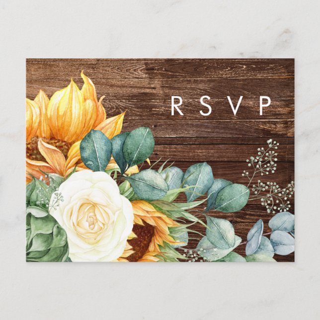 Bold Country Sunflower Wood Menu Choice RSVP Card (Front)