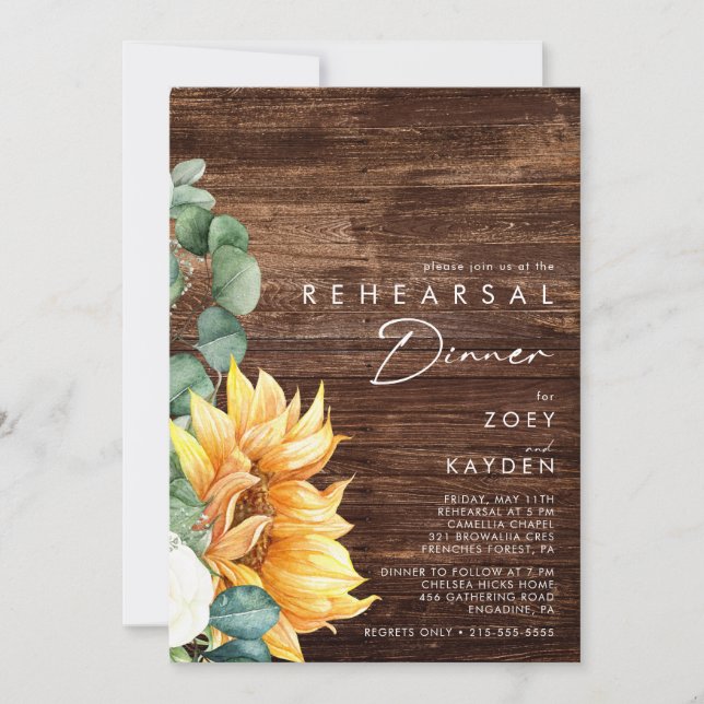 Bold Country Sunflower | Wood Rehearsal Dinner Invitation (Front)