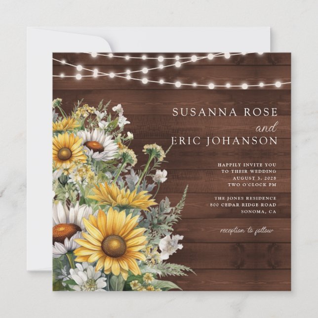 Bold Country Sunflower Wood String Lights Wedding Invitation (Front)