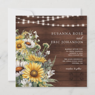 Bold Country Sunflower Wood String Lights Wedding Invitation