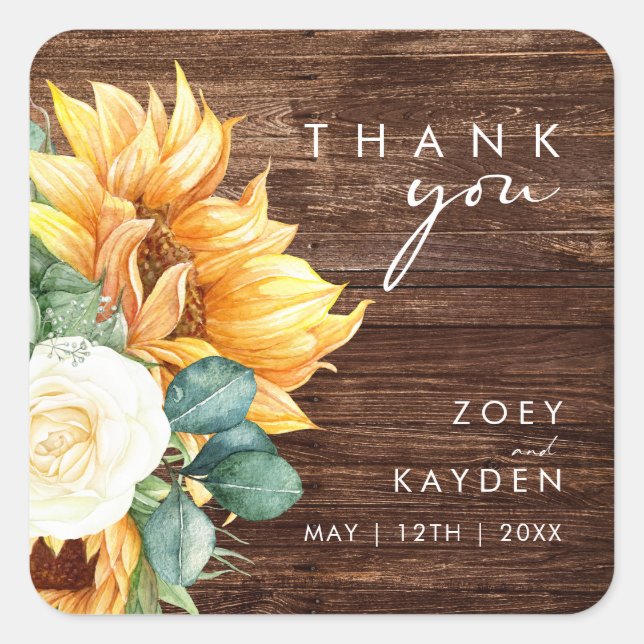 Bold Country Sunflower | Wood Thank You Wedding Square Sticker (Front)