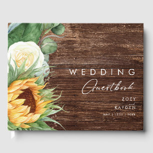 Bold Country Sunflower Wood Wedding Guest Book