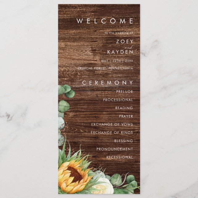 Bold Country Sunflower | Wood Wedding Program Programme (Front)