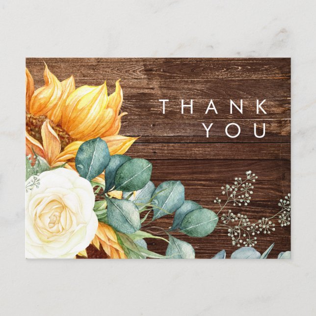 Bold Country Sunflower | Wood Wedding Thank You Postcard (Front)