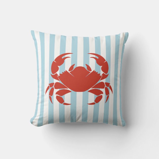 Bold Crab and Blue Stripes Ocean Beach Decor Cushion (Front)