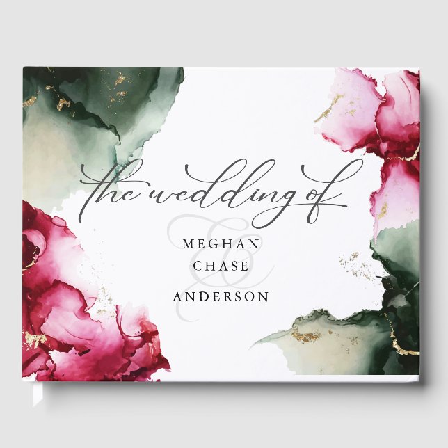 Bold Crimson and Sage Green Watercolor  Guest Book (Front)