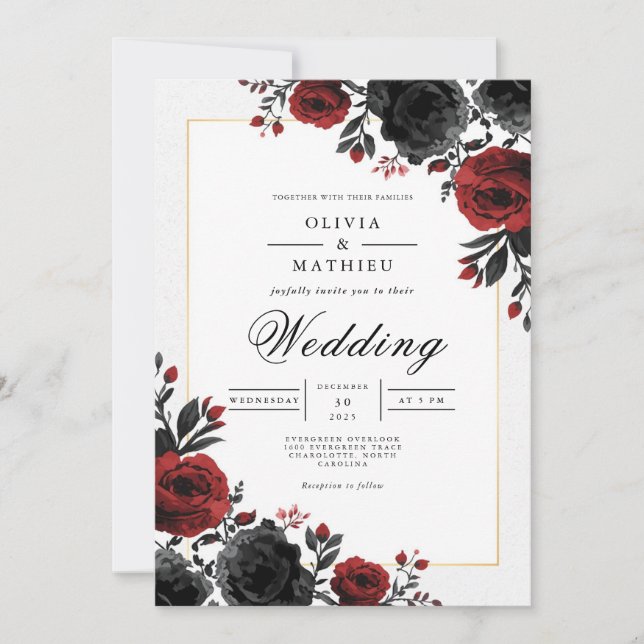 Bold Crimson Floral Romance Wedding Invitation (Front)