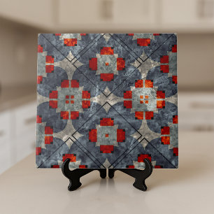 Bold Crimson Red and Blue Abstract Mid-Century Tile