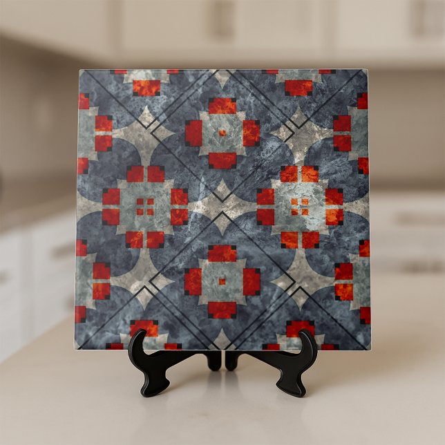 Bold Crimson Red and Blue Abstract Mid-Century Tile (Creator Uploaded)