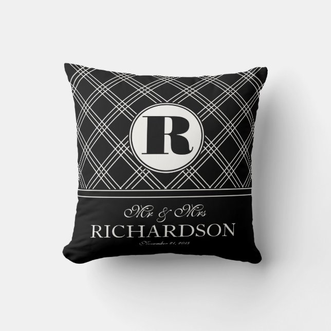 Bold Criss Cross Pattern Monogram Mr and Mrs Cushion (Front)